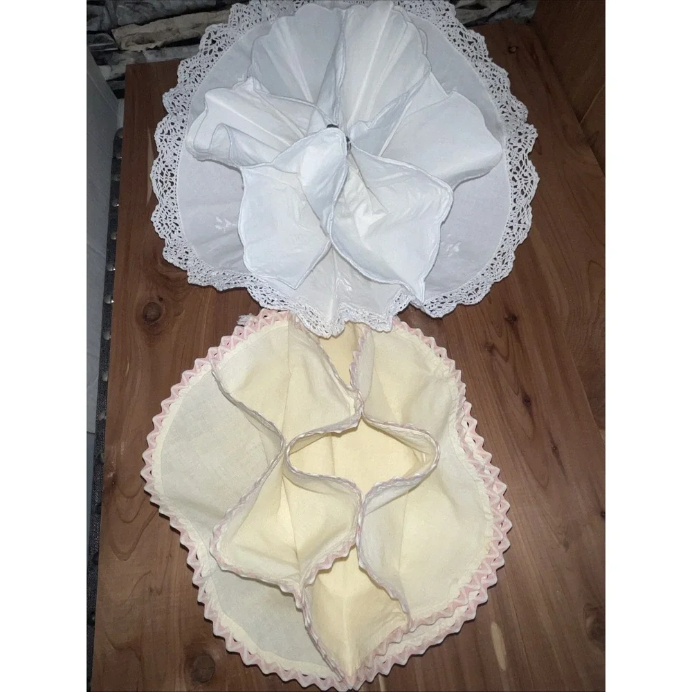 2 VTG Bread Basket Liners White Lace/Beige W/Pink Ribbon 12-14 Rolls